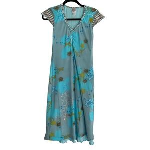 Y2K Oilily Womens Maxi Dress Floral Print Striped Trim‎ Blue Size M Lined Whimsy